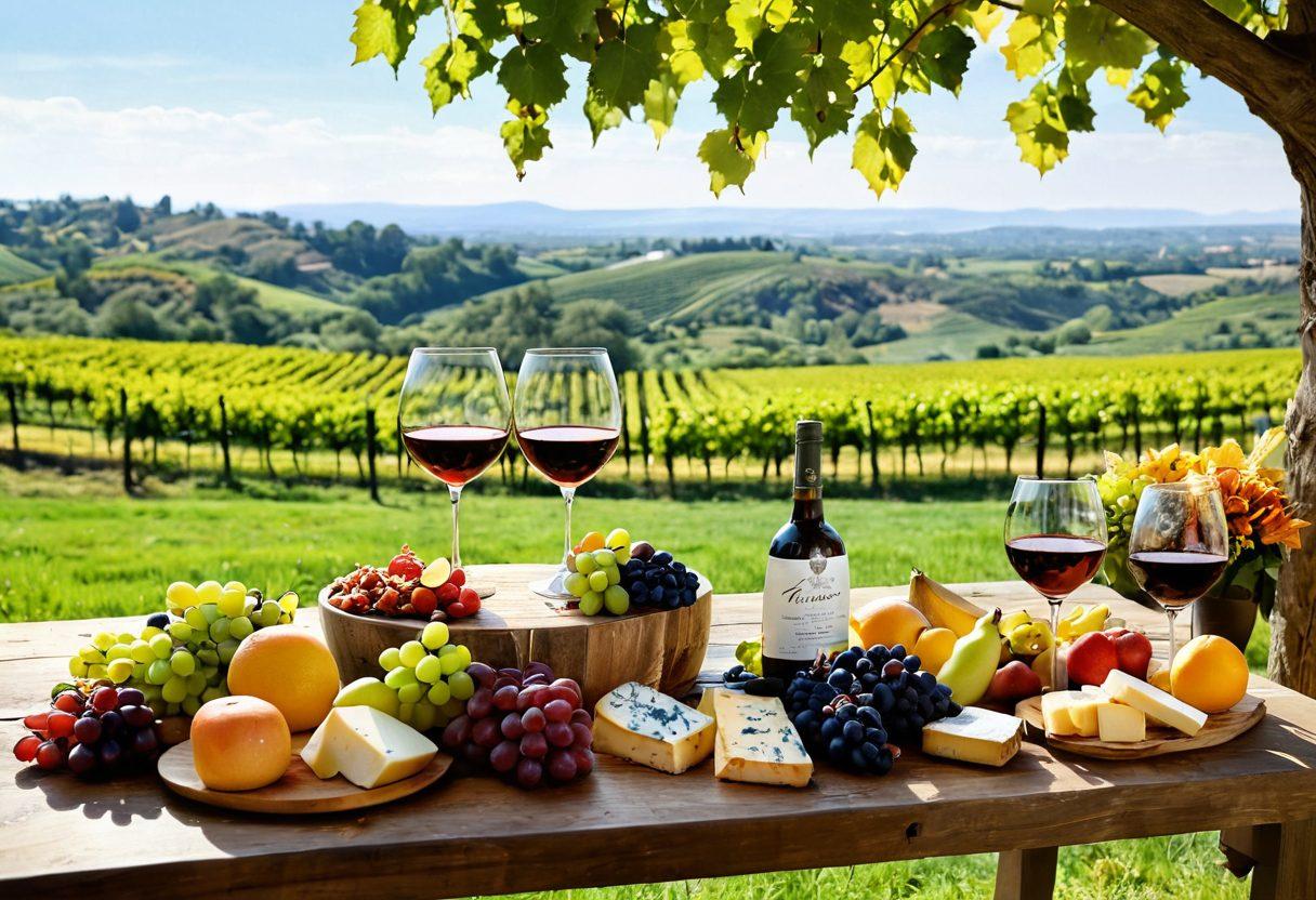 A vividly set wine tasting table adorned with an assortment of elegant, colorful wine glasses filled with various wines, paired beautifully with artisanal cheeses and fresh fruits. Surrounding the table, happy curvy figures celebrating with laughter and clinking glasses, amid a picturesque vineyard backdrop. The scene radiates joy, warmth, and a sense of indulgent experience. super-realistic. vibrant colors. picturesque setting.